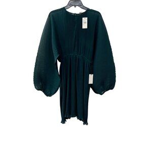 NWT FLORET STUDIOS Size S Pleated Long Sleeve Minidress In Hunter Green